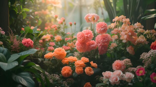 Sunlit garden with pastel roses and pink astilbes