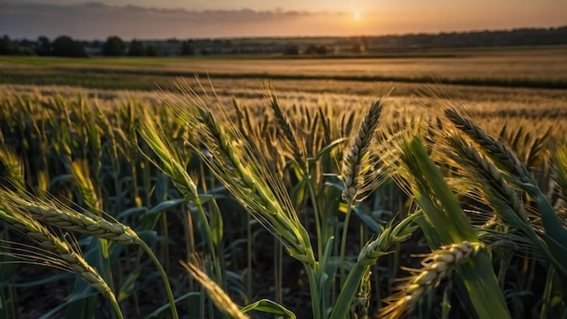 Sunlit golden wheat field with clear blue sky and rows leading to horizon