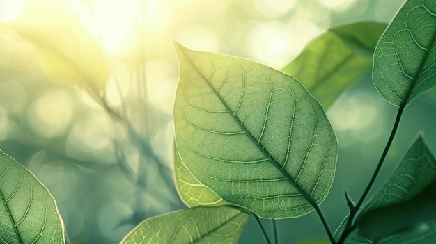 Sunlit Green Leaves with Vein Patterns Vibrant green leaves with intricate vein patterns illuminated by sunlight with a dreamy bokeh background