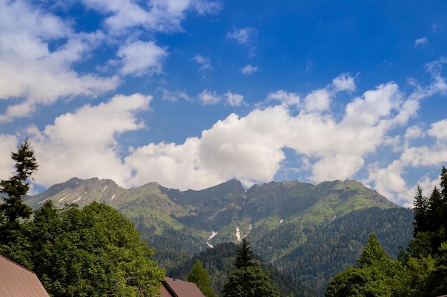 Sunlit green mountain valley with forest against mountain range under cloudy sky wide mountain valle