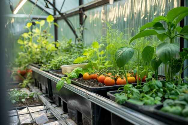 Sunlit greenhouse interior showcasing rows of young vegetable plants and vibrant tomatoes