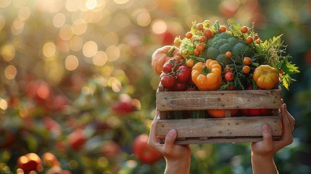 Photo sunlit harvest fresh organic vegetables in wooden crate held in garden with bokeh background