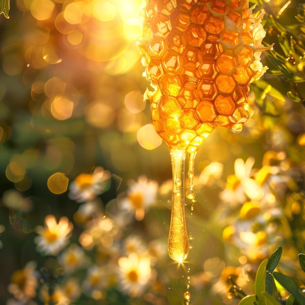 Sunlit honeycomb with dripping golden fresh honey Vibrant bokeh lush greenery background Concept of natural sweetener organic food and beekeeping products Copy space