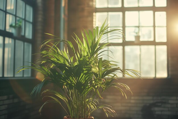 Sunlit Indoor Plant in Industrial Loft with Large Windows and Urban Architecture