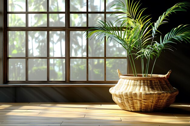 Sunlit Indoor Plant in Wicker Basket by Large Window Interior Design Home Decor Inspiration