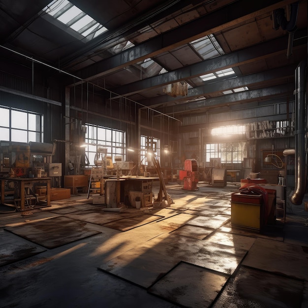 Sunlit Industrial Warehouse Interior