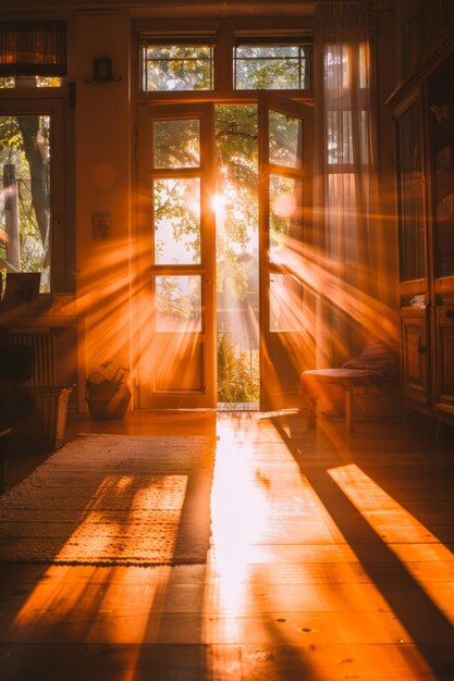 Photo sunlit interior of a house with warm rays casting a golden glow creating an inviting comfortable