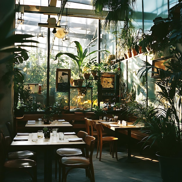 Photo sunlit interior with greenery and wooden tables