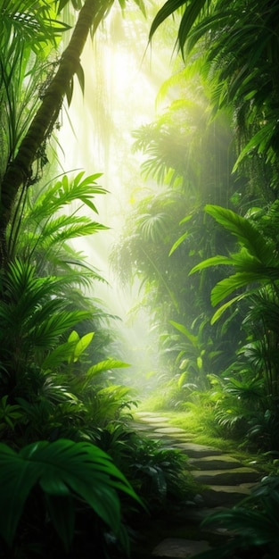 A sunlit jungle path surrounded by trees creates a serene and enchanting atmosphere