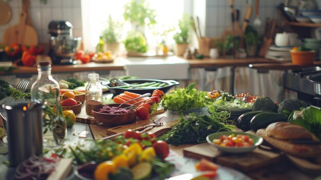 A sunlit kitchen bustling with fresh produce and ingredients ready for meal preparation exuding a warm and inviting atmosphere