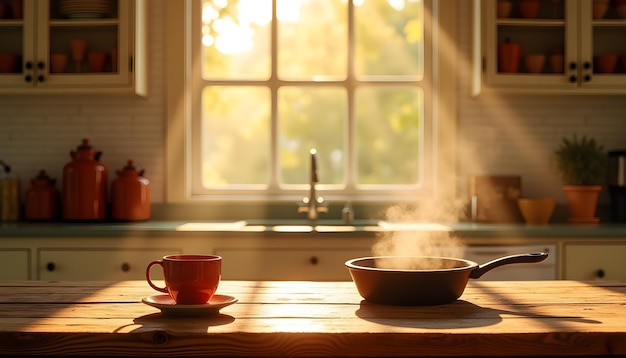 Sunlit Kitchen Interior with a Steaming Pan and Coffee Mug on the Table