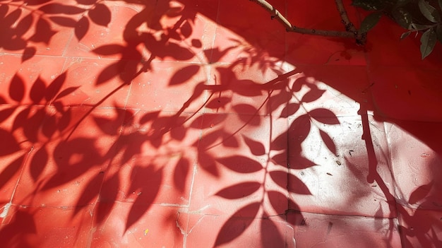 Sunlit Leaf Shadows on Red Tiled Wall Nature Patterns Abstract Art