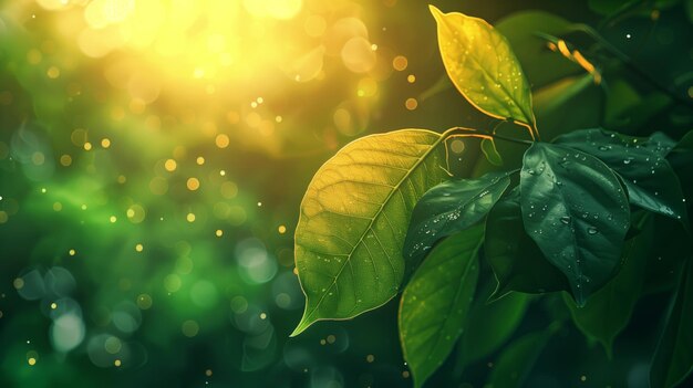 Sunlit Leaves with Dew Drops in a Green Vibrant Forest Setting