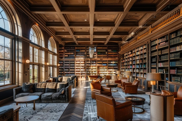 Sunlit library with bookshelves seating areas and cozy atmosphere is perfect for reading aig