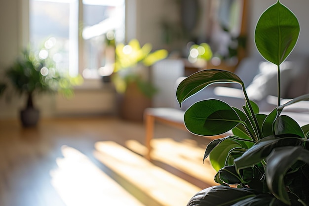 Sunlit Living Room with Indoor Plants and Cozy Furniture by Large Window