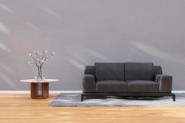 Sunlit living roon with black leather sofa 3d redering illustration