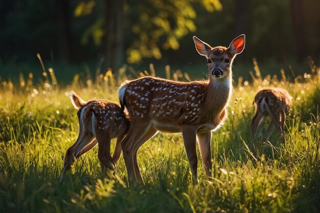 Sunlit Meadow with Playful Fawns