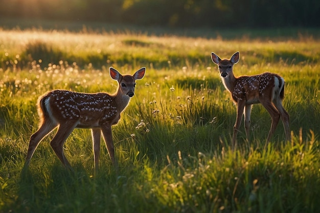 Sunlit Meadow with Playful Fawns