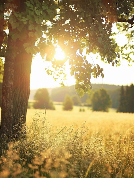 Sunlit Meadow with Tree and Golden Grass at Sunrise