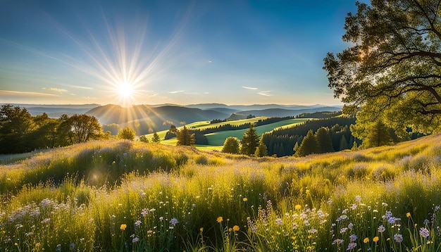 Photo a sunlit meadow with wildflowers in bloom and a clear blue sky overhead