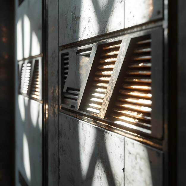 Photo sunlit metal grilles with weathered texture patterns of light and shadow on aging steel