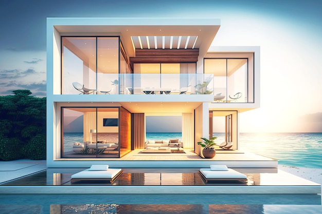 Sunlit modern beachfront villa with panoramic windows and swimming pool generative ai