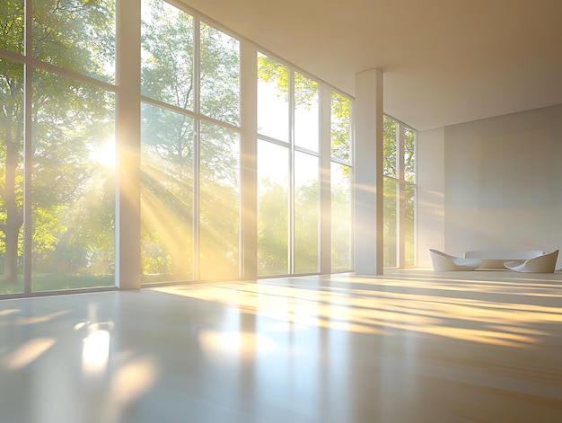 Photo sunlit modern interior space with large glass windows and a potted plant casting long shadows on a reflective tiled floor during golden hour