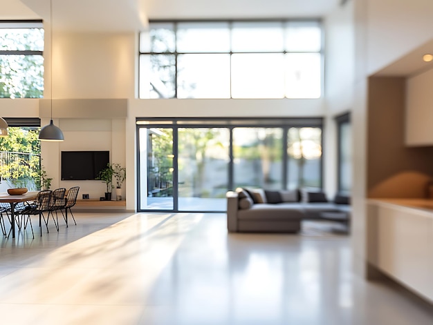 Photo sunlit modern interior space with large glass windows and a potted plant casting long shadows on a reflective tiled floor during golden hour