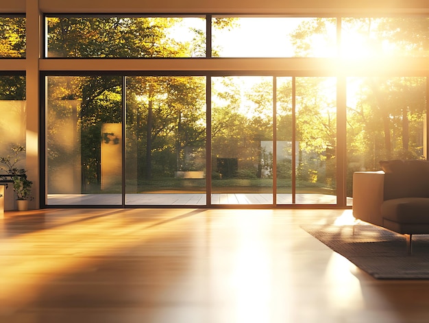 Photo sunlit modern interior space with large glass windows and a potted plant casting long shadows on a reflective tiled floor during golden hour