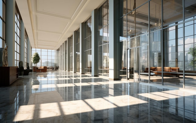 Sunlit Modern Office Lobby with Glass Walls