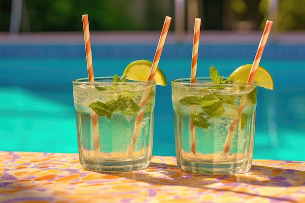 Sunlit mojito glasses with colorful straws by the pool created with generative ai