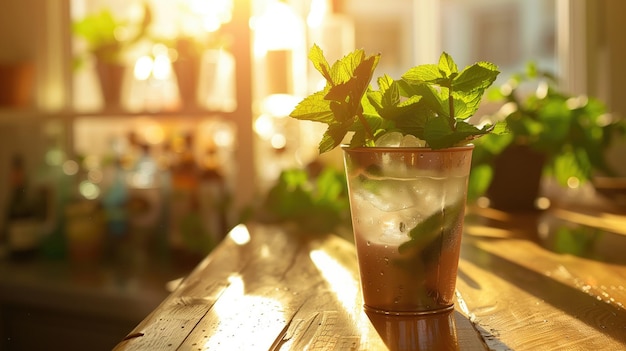 Sunlit mojito on wooden table evoking a refreshing summer vibe