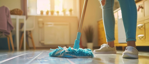 Sunlit morning as a person mops the tile floor