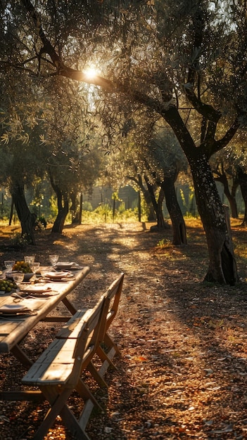 Photo a sunlit olive grove with rows of olive trees the sun casting long shadows on the ground