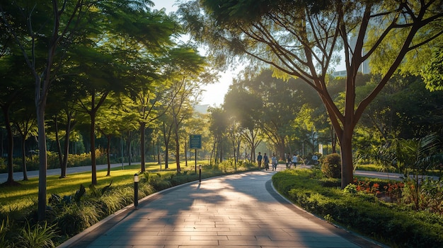 Sunlit Park Pathway Surrounded by Verdant Trees Generative AI