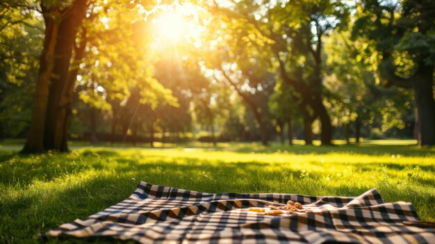 Photo sunlit park picnic setup with checkered blanket and food spread