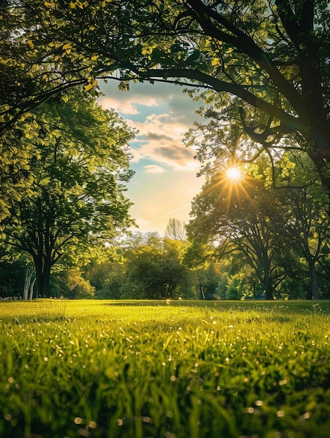 Sunlit Park with Lush Greenery and Majestic Trees