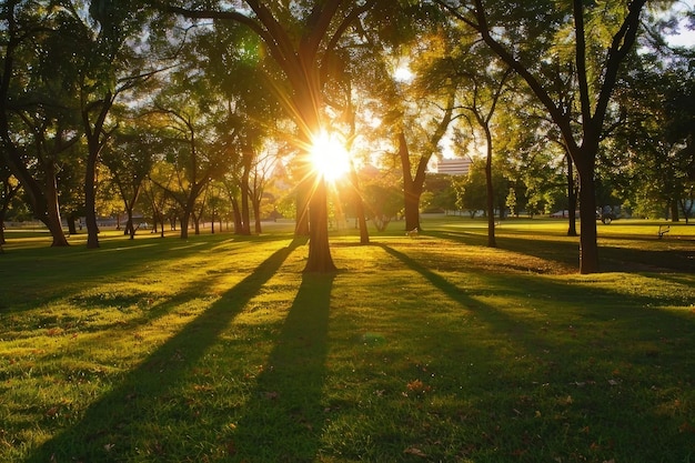 Photo a sunlit park with trees and a sun shining through the trees