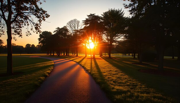 Photo sunlit path in a park before sunset isolated with white highlights