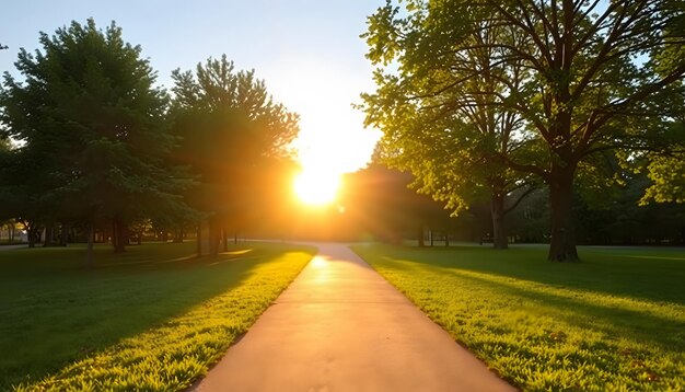 Photo sunlit path in a park before sunset isolated with white highlights