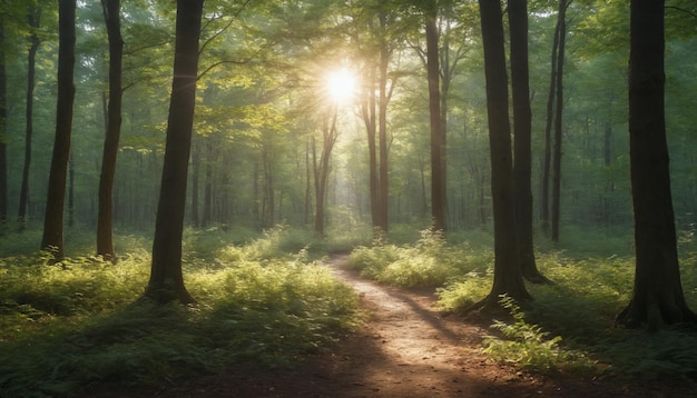 A sunlit path through the early morning forest