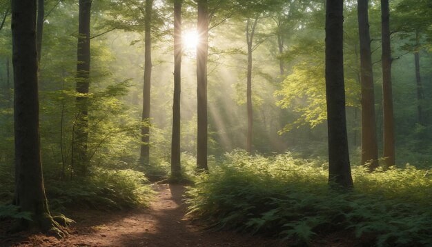 A sunlit path through the early morning forest