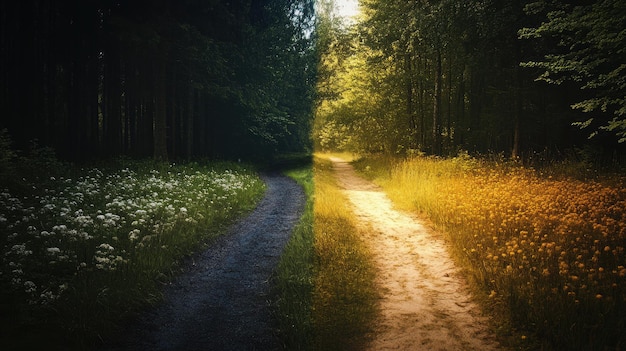 Photo sunlit path through a forest with white and yellow wildflowers