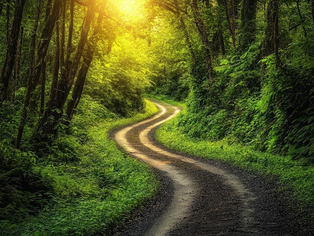 Sunlit path winding through a dense green forest