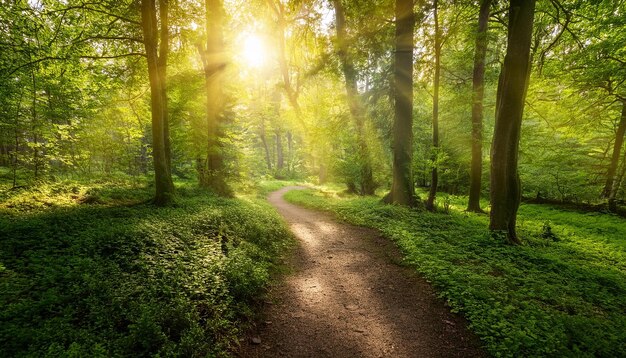 sunlit pathway winding through vibrant green forest