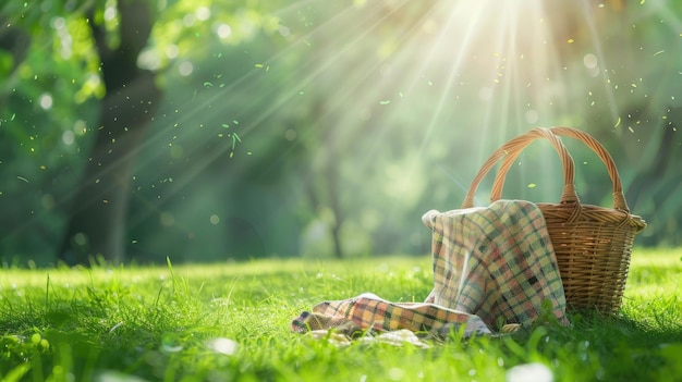 Sunlit picnic basket on green grass with checkered cloth