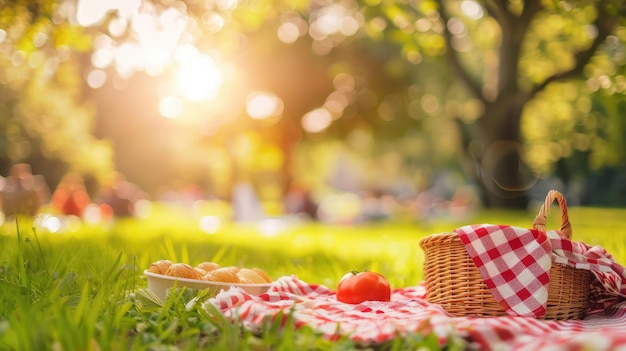 Sunlit picnic scene in park with spread of food and wicker basket on grass