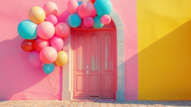 A sunlit pink wall adorned with colorful balloons and a door presents a vibrant and imaginative concept