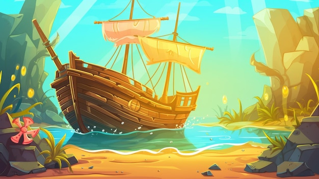 Sunlit Pirate Ship Anchored on Tranquil Beach Vibrant Cartoon Illustration