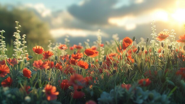 Sunlit Poppies in a Field